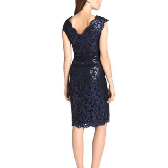 Tadashi Shoji Embroidered Lace Sequin Dress Size 14 Blue Black Cocktail Evening - Picture 5 of 10